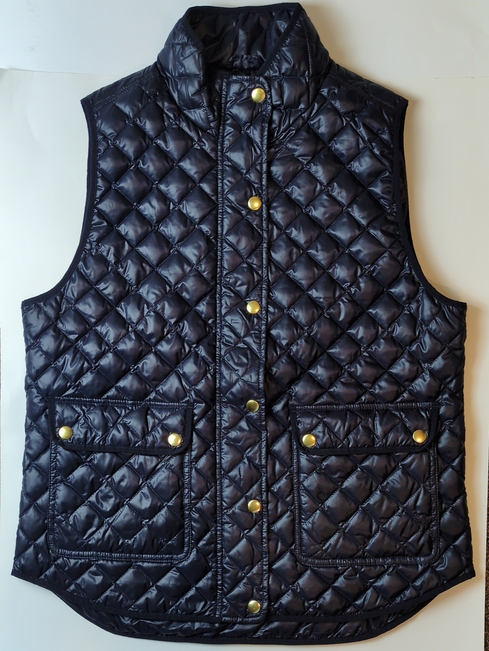 J. Crew Women's Navy Blue Gold Accent Quilted Down Filled Long Vest Size Medium